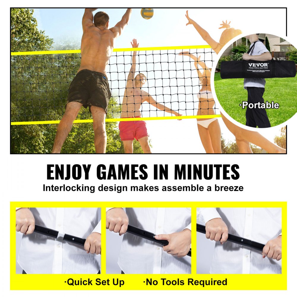 VEVOR Outdoor Portable Volleyball Net System, Adjustable Height Steel Poles, Professional Volleyball Set with PVC Volleyball, Pump, Carrying Bag, Heavy Duty Volleyball Net for Backyard, Beach, Lawn 