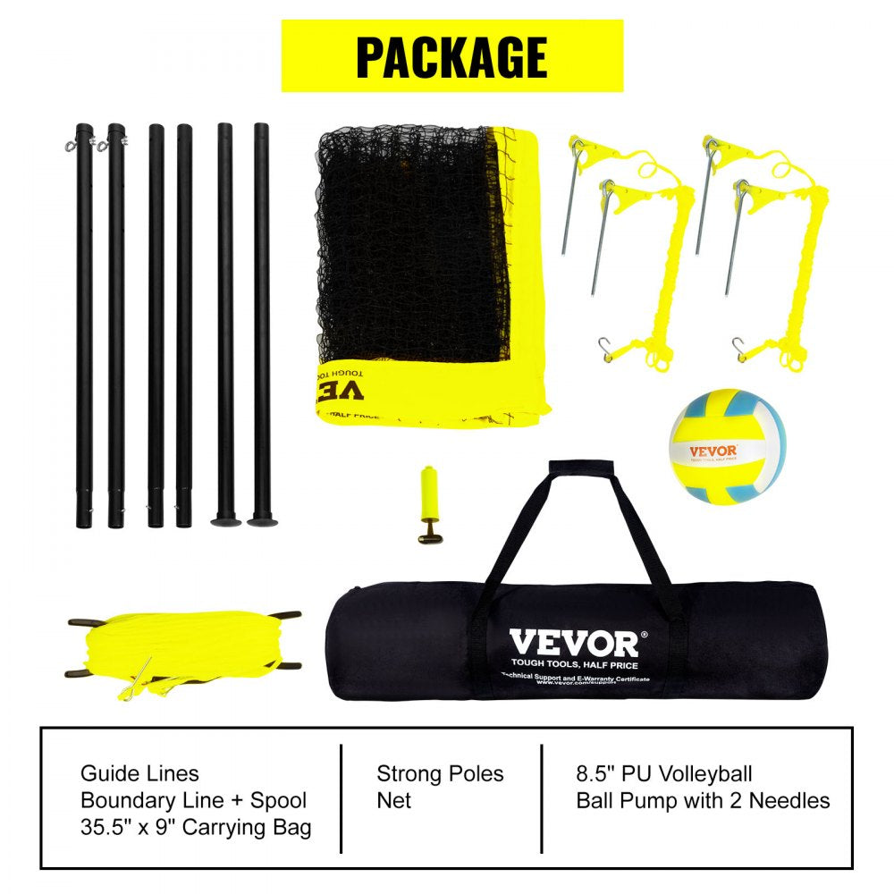VEVOR Outdoor Portable Volleyball Net System, Adjustable Height Steel Poles, Professional Volleyball Set with PVC Volleyball, Pump, Carrying Bag, Heavy Duty Volleyball Net for Backyard, Beach, Lawn 