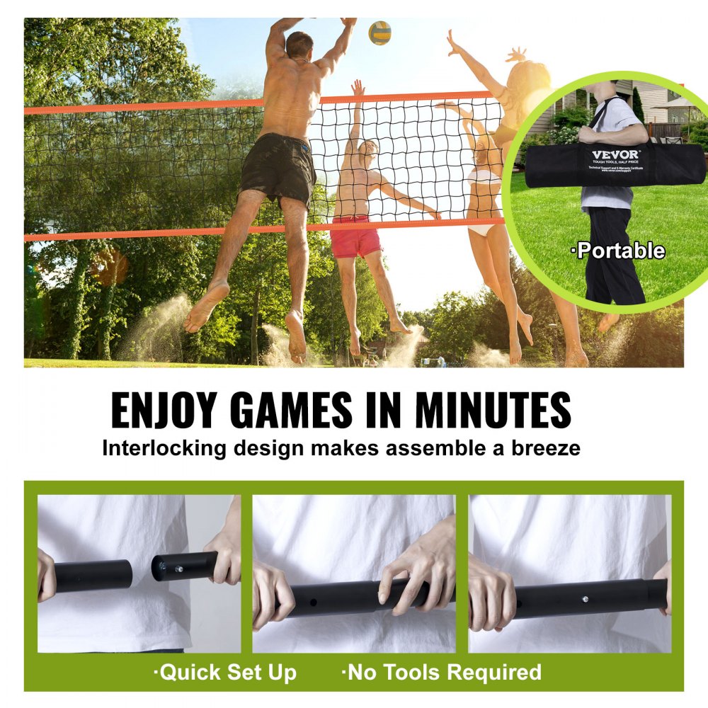 VEVOR Outdoor Portable Volleyball Net System, Adjustable Height Aluminum Poles, Professional Volleyball Set with PVC Volleyball, Pump, Carrying Bag, Heavy Duty Volleyball Net for Backyard, Beach, Lawn 
