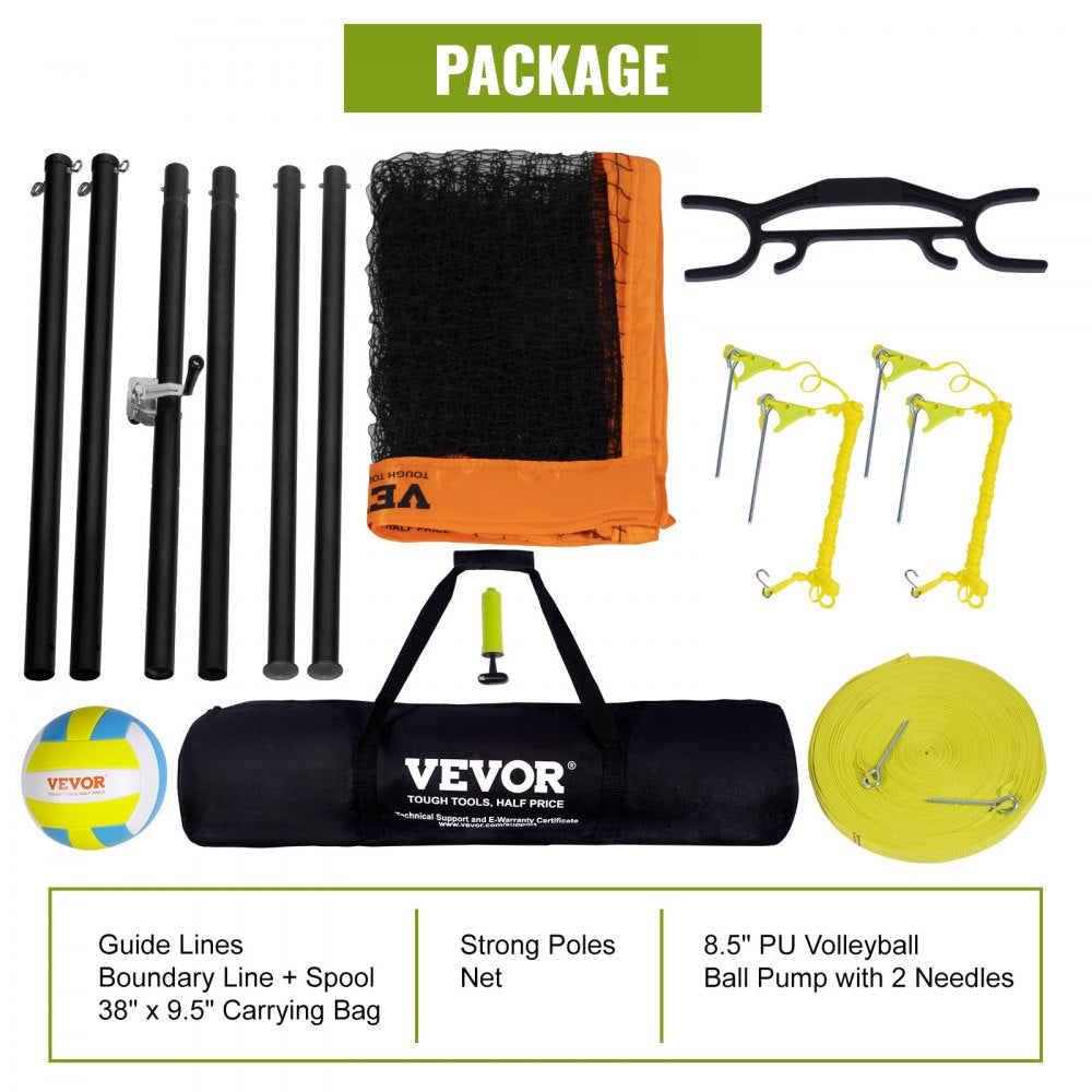 VEVOR Outdoor Portable Volleyball Net System, Adjustable Height Aluminum Poles, Professional Volleyball Set with PVC Volleyball, Pump, Carrying Bag, Heavy Duty Volleyball Net for Backyard, Beach, Lawn 