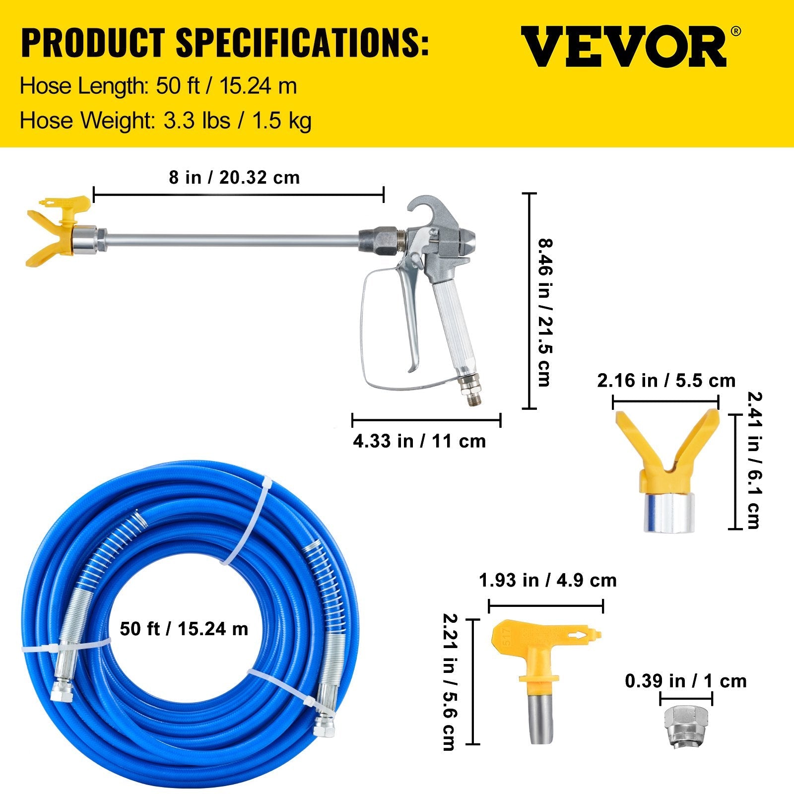 VEVOR Airless Paint Spray Hose Kit 50ft 1/4in Swivel Joint 3600psi with 517 Tip 