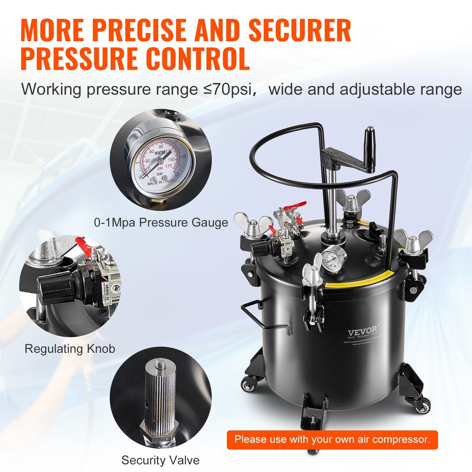 VEVOR Spray Paint Pressure Pot Tank 20L/5gal with Casters Leak Repair Sealant 