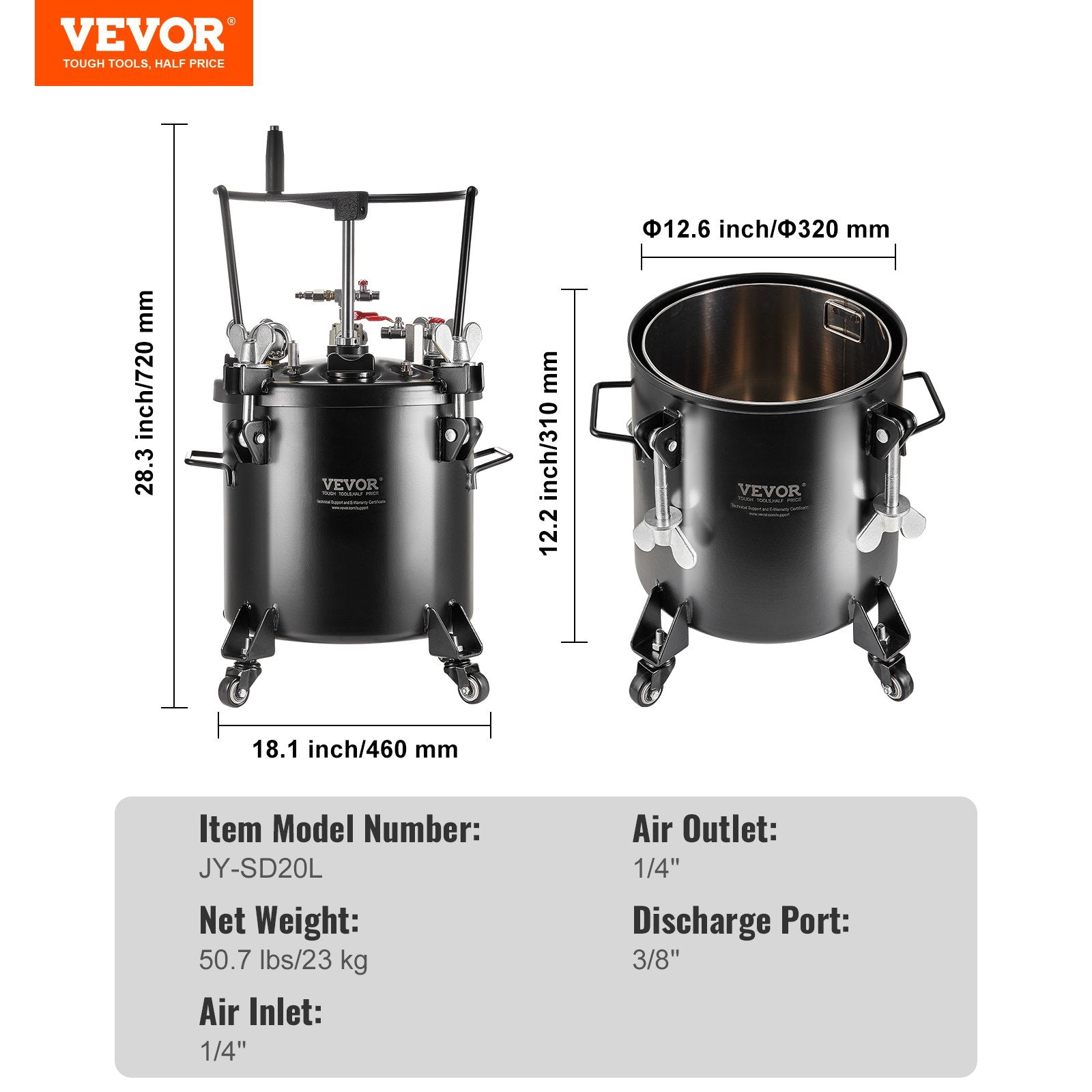VEVOR Spray Paint Pressure Pot Tank 20L/5gal with Casters Leak Repair Sealant 
