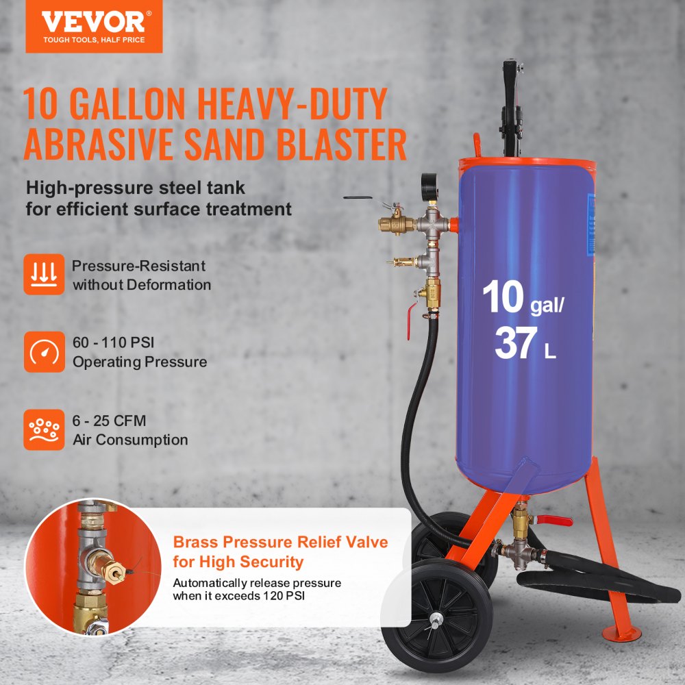 VEVOR 10 Gallon Heavy-Duty Sand Blaster, 60-110 PSI High Pressure Sandblaster, Portable Abrasive Blasting Tank, Air Sand Blasting Kit with 2 Ceramic Nozzles & 7.5ft Hose for Stain, Rust, Paint Removal 