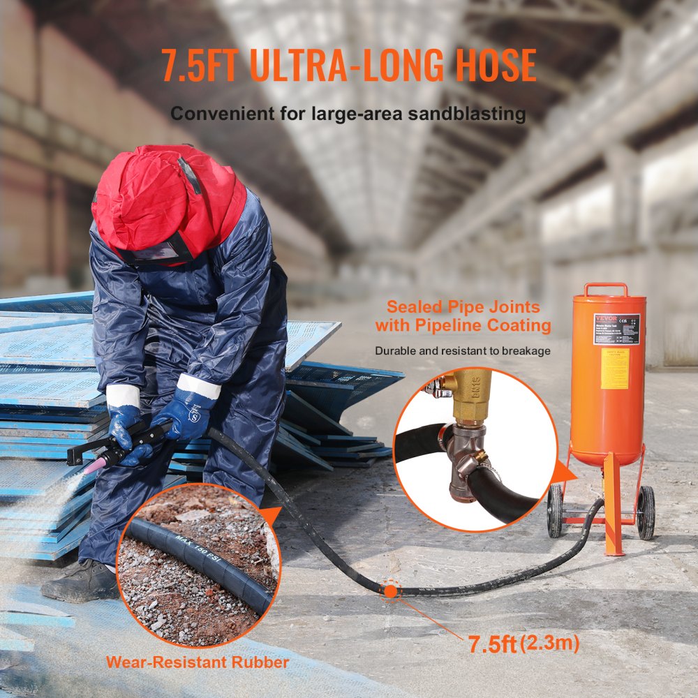 VEVOR 10 Gallon Heavy-Duty Sand Blaster, 60-110 PSI High Pressure Sandblaster, Portable Abrasive Blasting Tank, Air Sand Blasting Kit with 2 Ceramic Nozzles & 7.5ft Hose for Stain, Rust, Paint Removal 