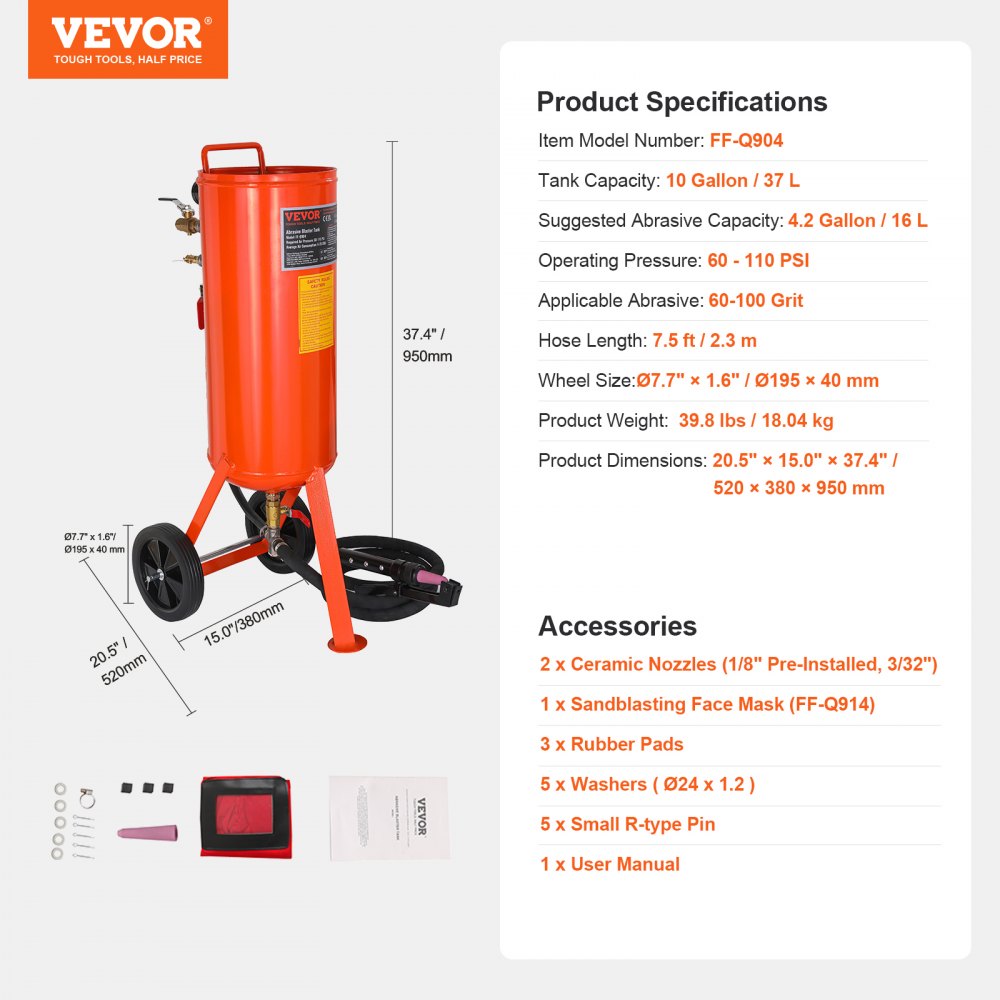VEVOR 10 Gallon Heavy-Duty Sand Blaster, 60-110 PSI High Pressure Sandblaster, Portable Abrasive Blasting Tank, Air Sand Blasting Kit with 2 Ceramic Nozzles & 7.5ft Hose for Stain, Rust, Paint Removal 