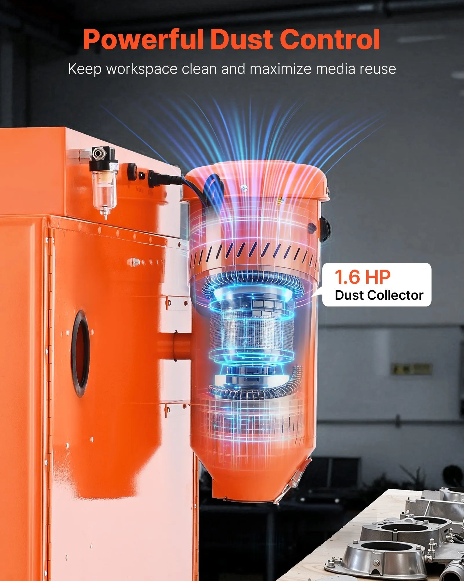 VEVOR 115 Gallon Sandblasting Cabinet, Heavy Duty Steel Sand Blasting Cabinet with 31-Gallon Media Hopper, Dual Blasting Guns & 1.6HP Dust Collector for Oversized Parts Surface Finishing, Rust Removal 