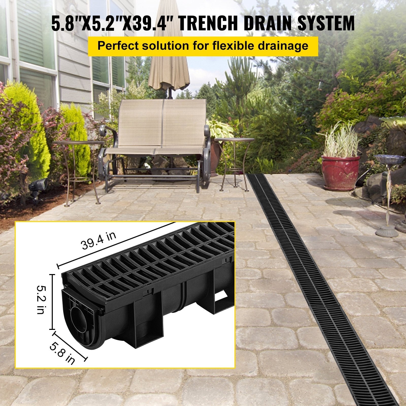VEVOR Trench Drain System,5.8x5.2x39.4-Inch HDPE Drainage Trench,Channel Drain with Plastic Grate,Black Plastic Garage Floor Drain,3x39 Trench Drain Grate,with 3 End Caps, for Garden, Driveway-3 Pack 