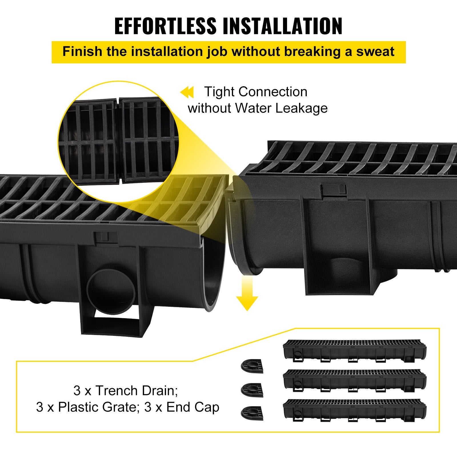 VEVOR Trench Drain System,5.8x5.2x39.4-Inch HDPE Drainage Trench,Channel Drain with Plastic Grate,Black Plastic Garage Floor Drain,3x39 Trench Drain Grate,with 3 End Caps, for Garden, Driveway-3 Pack 
