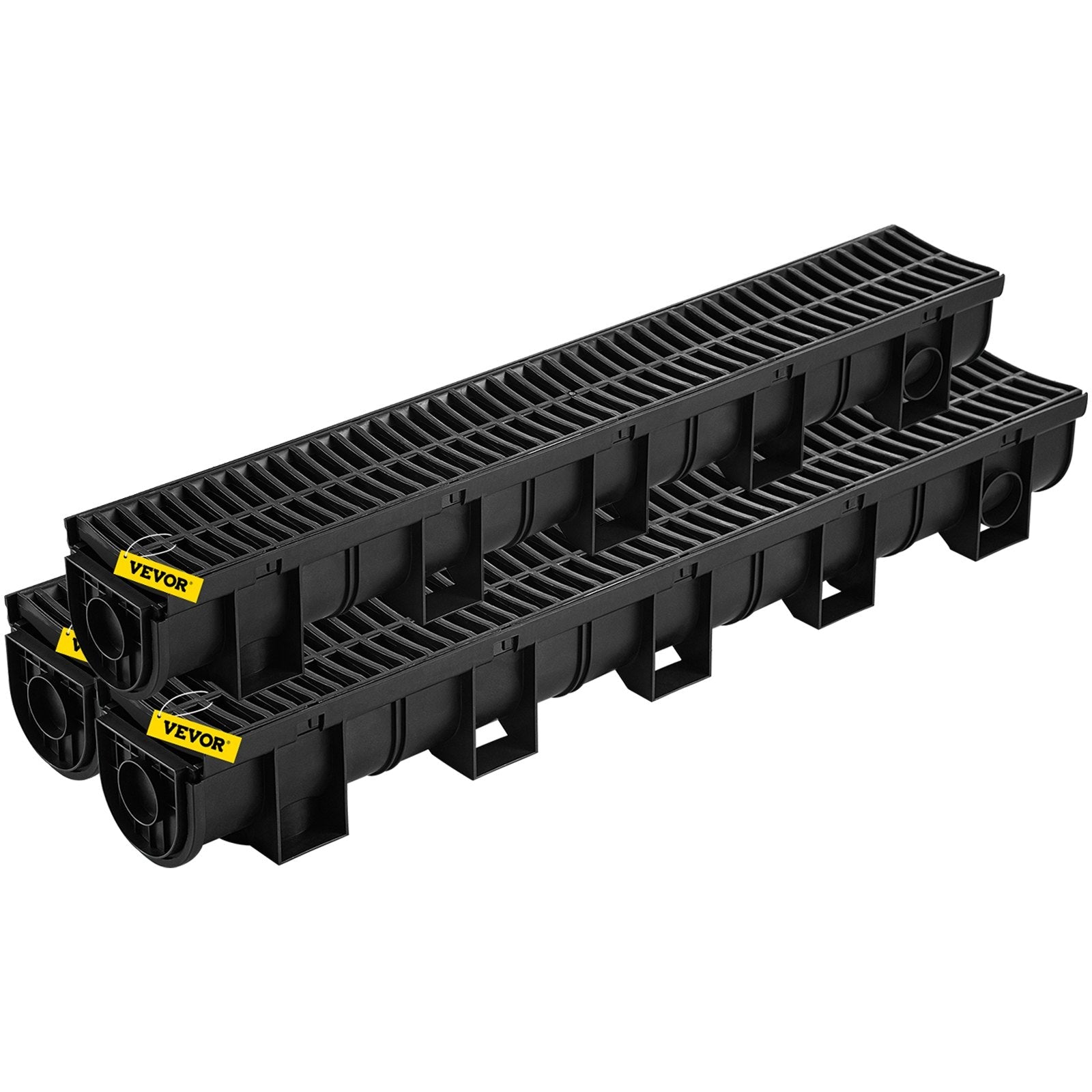 VEVOR Trench Drain System,5.8x5.2x39.4-Inch HDPE Drainage Trench,Channel Drain with Plastic Grate,Black Plastic Garage Floor Drain,3x39 Trench Drain Grate,with 3 End Caps, for Garden, Driveway-3 Pack 
