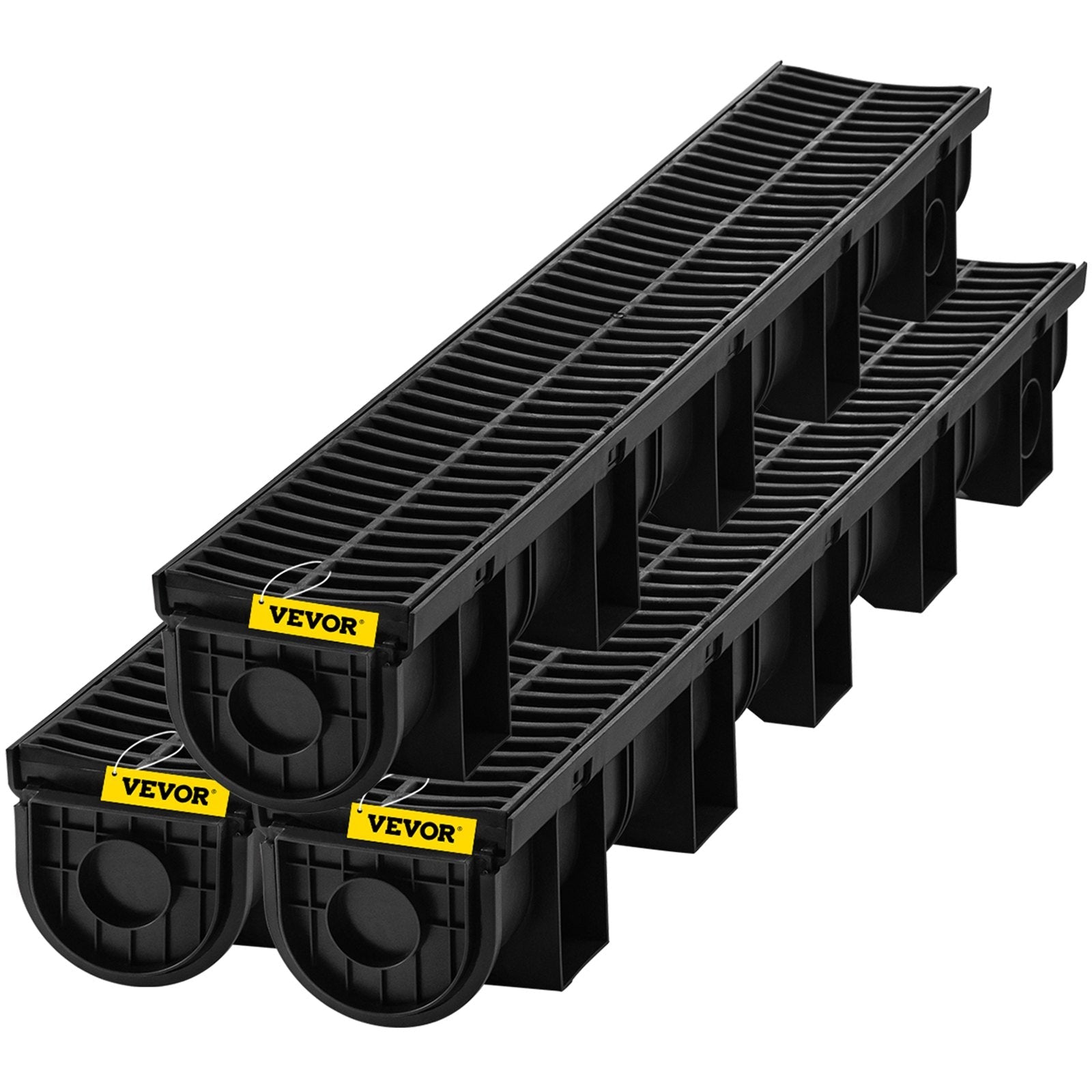 VEVOR Trench Drain System,5.8x5.2x39.4-Inch HDPE Drainage Trench,Channel Drain with Plastic Grate,Black Plastic Garage Floor Drain,3x39 Trench Drain Grate,with 3 End Caps, for Garden, Driveway-3 Pack 