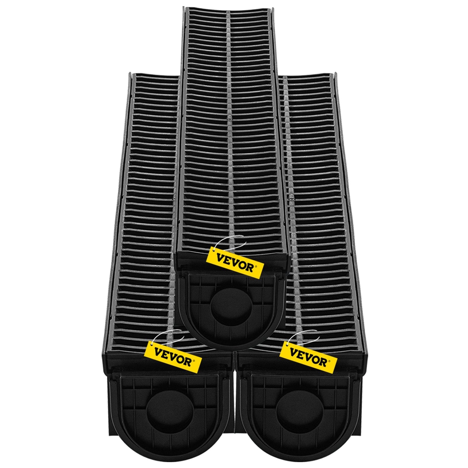 VEVOR Trench Drain System,5.8x5.2x39.4-Inch HDPE Drainage Trench,Channel Drain with Plastic Grate,Black Plastic Garage Floor Drain,3x39 Trench Drain Grate,with 3 End Caps, for Garden, Driveway-3 Pack 