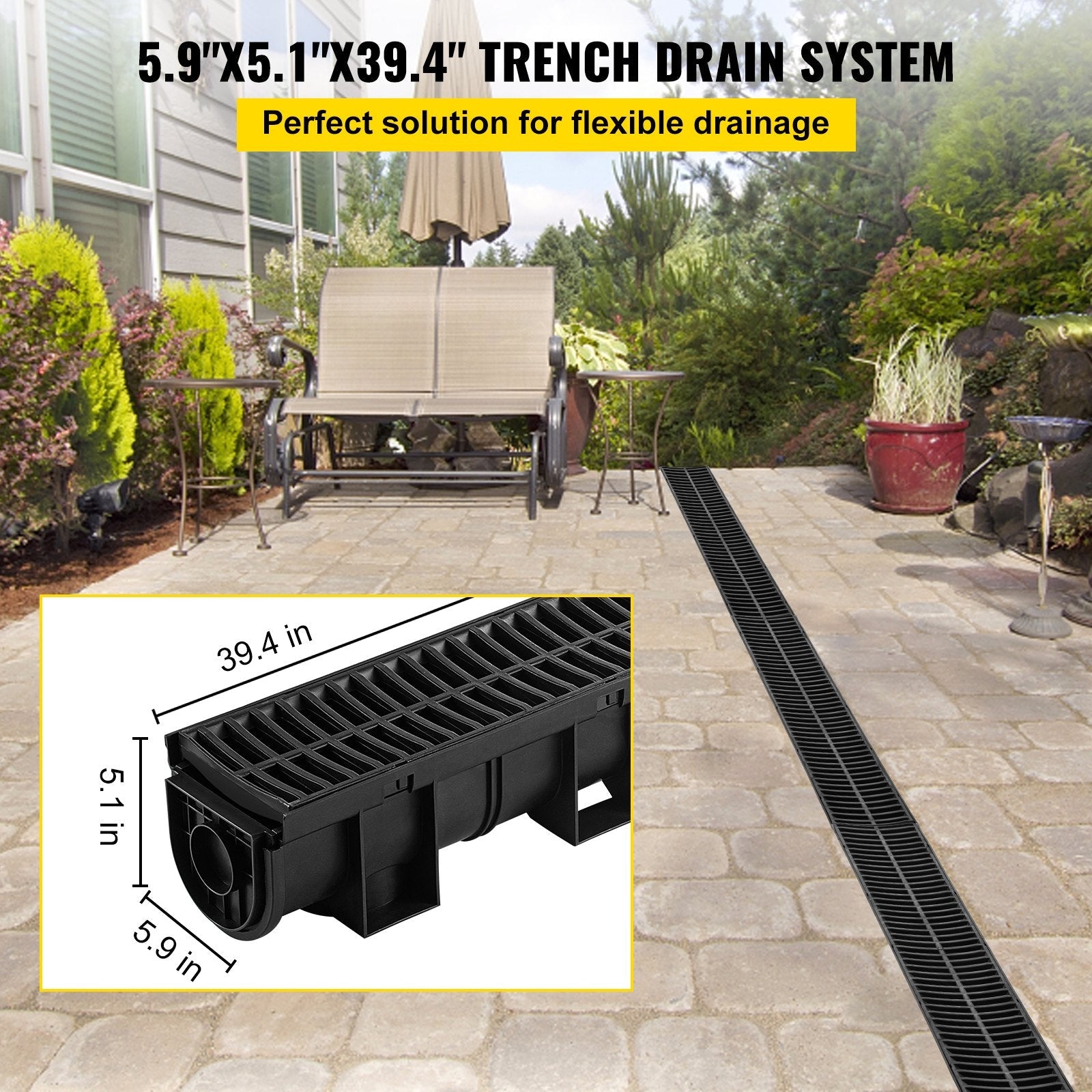 VEVOR Trench Drain System, Channel Drain with Plastic Grate, 5.8x5.2-Inch HDPE Drainage Trench, Black Plastic Garage Floor Drain, 6x39" Trench Drain Grate, With 6 End Caps, For Garden, Driveway-6 Pack 