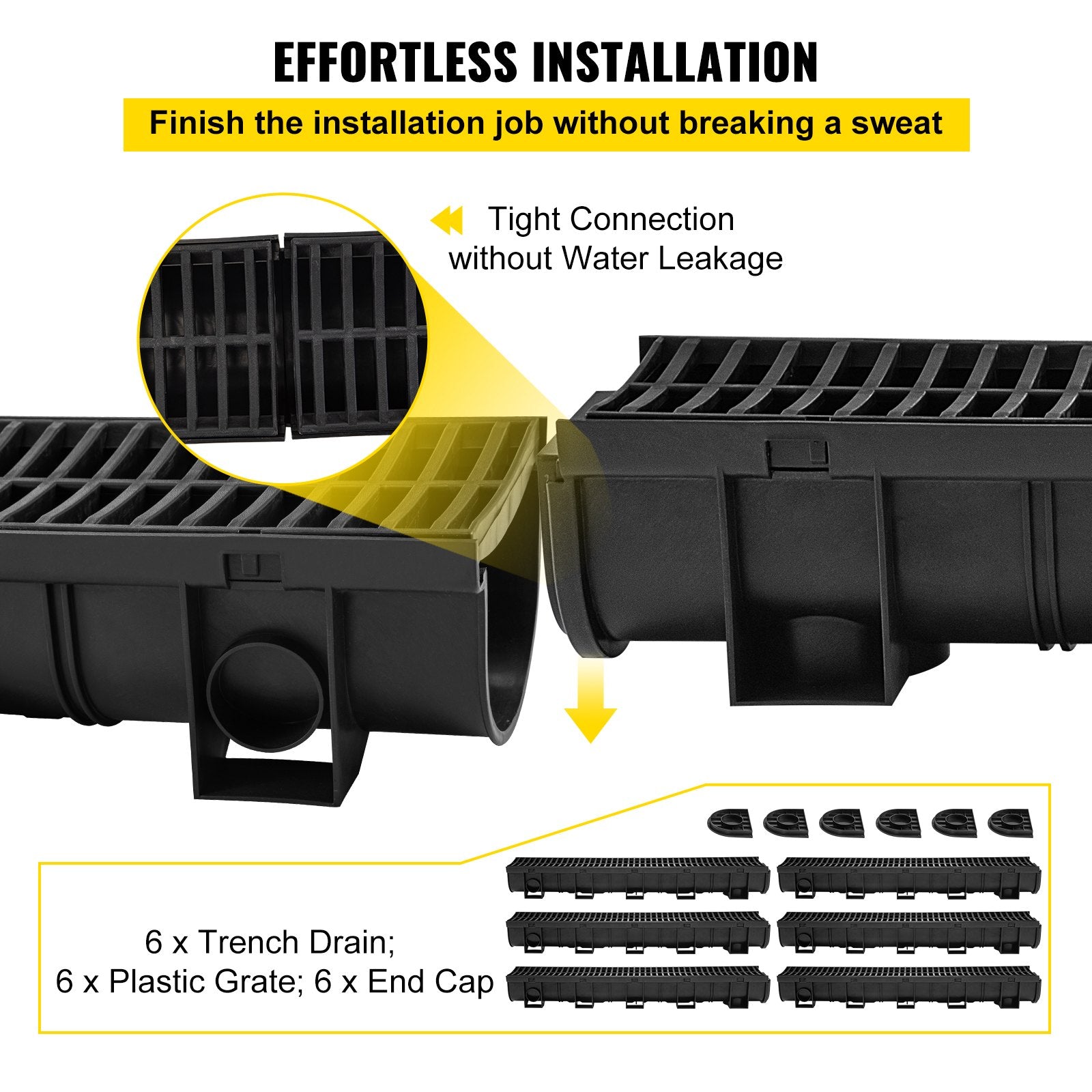 VEVOR Trench Drain System, Channel Drain with Plastic Grate, 5.8x5.2-Inch HDPE Drainage Trench, Black Plastic Garage Floor Drain, 6x39" Trench Drain Grate, With 6 End Caps, For Garden, Driveway-6 Pack 