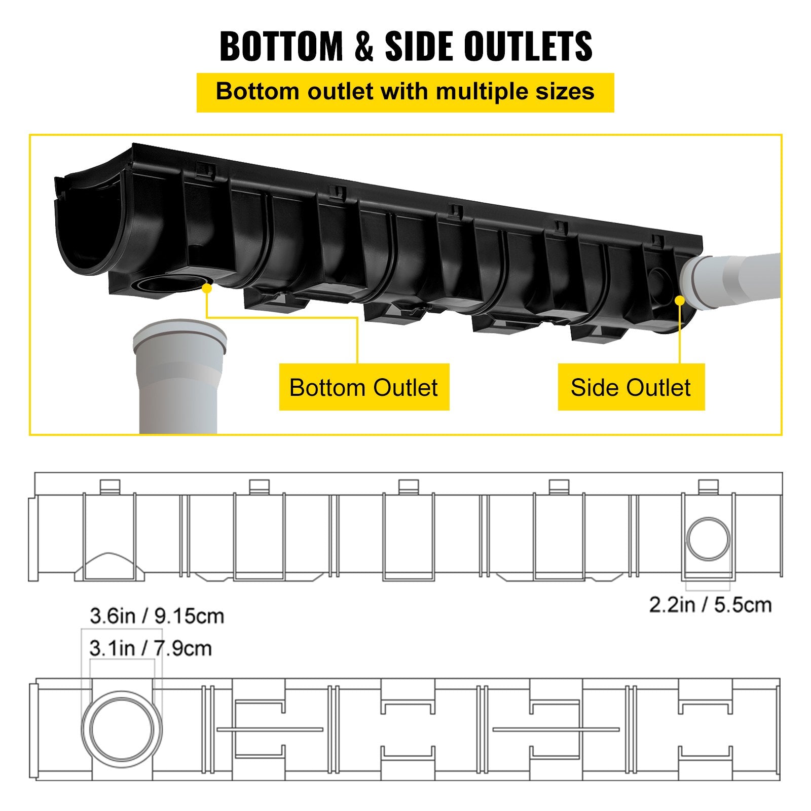 VEVOR Trench Drain System, Channel Drain with Plastic Grate, 5.8x5.2-Inch HDPE Drainage Trench, Black Plastic Garage Floor Drain, 6x39" Trench Drain Grate, With 6 End Caps, For Garden, Driveway-6 Pack 