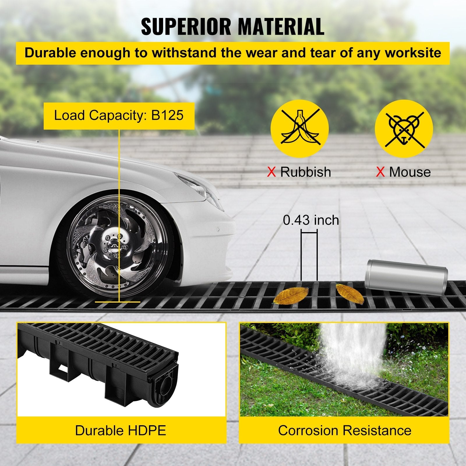 VEVOR Trench Drain System, Channel Drain with Plastic Grate, 5.8x5.2-Inch HDPE Drainage Trench, Black Plastic Garage Floor Drain, 6x39" Trench Drain Grate, With 6 End Caps, For Garden, Driveway-6 Pack 