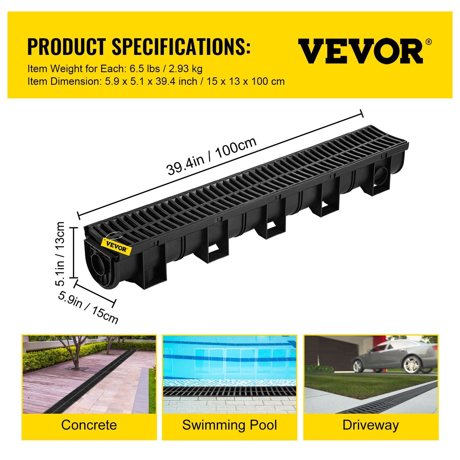 VEVOR Trench Drain System, Channel Drain with Plastic Grate, 5.8x5.2-Inch HDPE Drainage Trench, Black Plastic Garage Floor Drain, 6x39" Trench Drain Grate, With 6 End Caps, For Garden, Driveway-6 Pack 