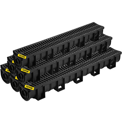 VEVOR Trench Drain System, Channel Drain with Plastic Grate, 5.8x5.2-Inch HDPE Drainage Trench, Black Plastic Garage Floor Drain, 6x39" Trench Drain Grate, With 6 End Caps, For Garden, Driveway-6 Pack 