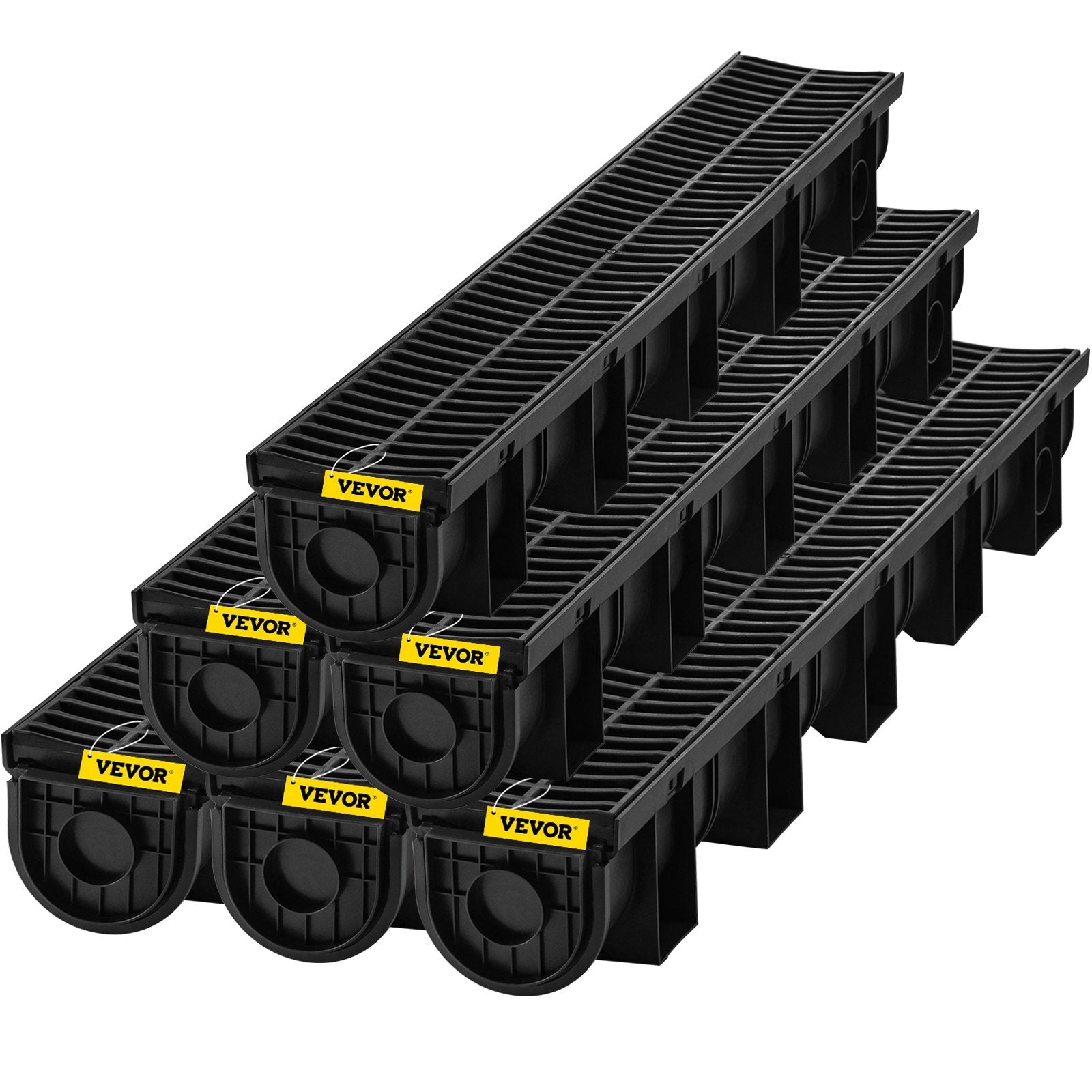 VEVOR Trench Drain System, Channel Drain with Plastic Grate, 5.8x5.2-Inch HDPE Drainage Trench, Black Plastic Garage Floor Drain, 6x39" Trench Drain Grate, With 6 End Caps, For Garden, Driveway-6 Pack 