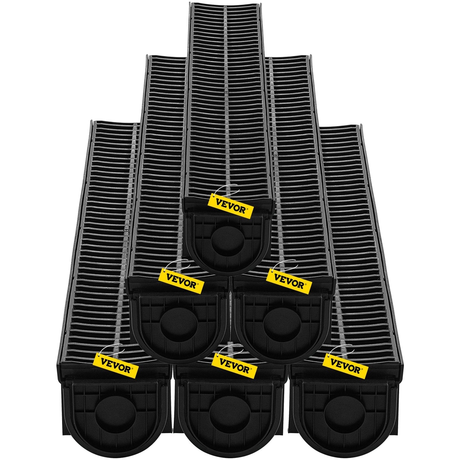 VEVOR Trench Drain System, Channel Drain with Plastic Grate, 5.8x5.2-Inch HDPE Drainage Trench, Black Plastic Garage Floor Drain, 6x39" Trench Drain Grate, With 6 End Caps, For Garden, Driveway-6 Pack 