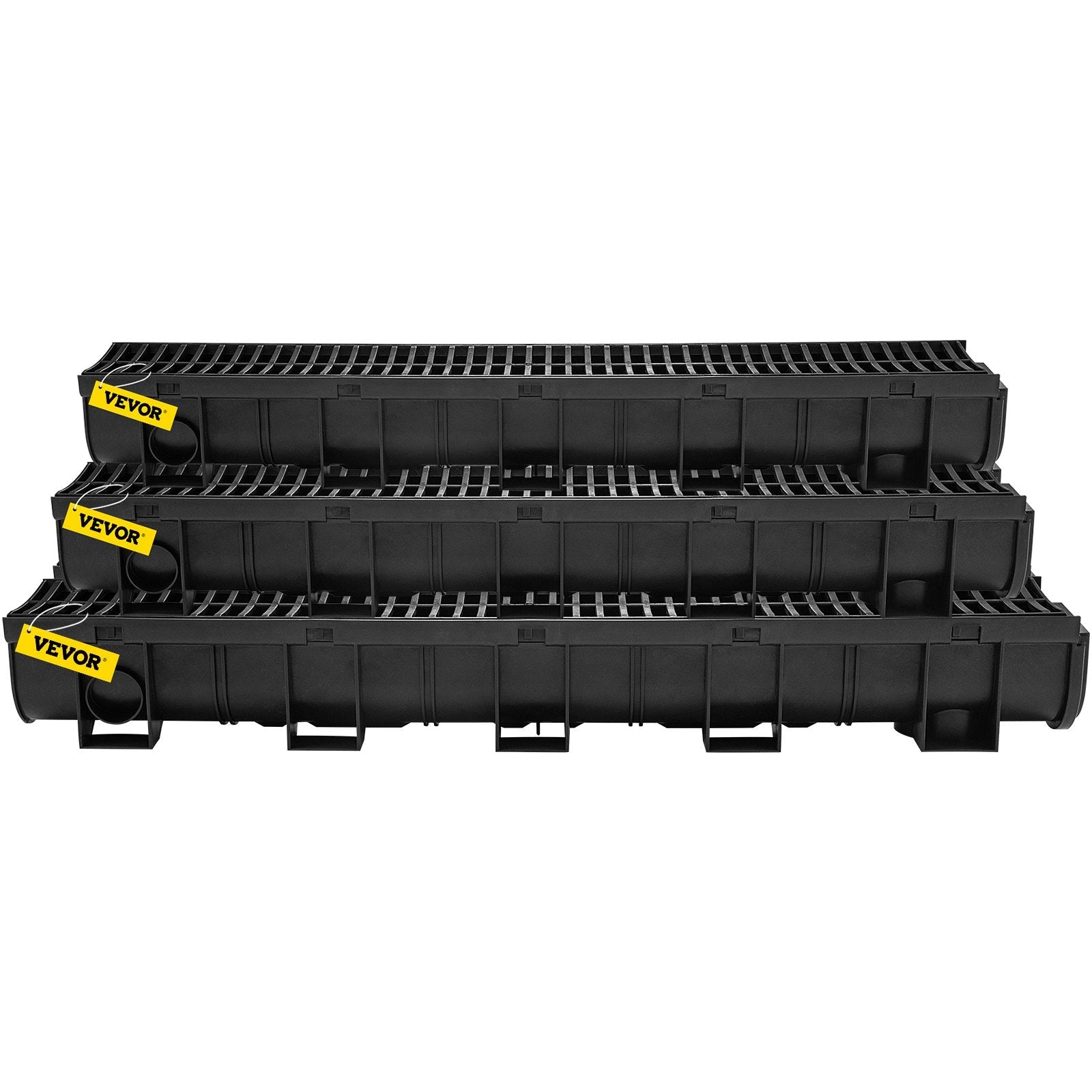 VEVOR Trench Drain System, Channel Drain with Plastic Grate, 5.8x5.2-Inch HDPE Drainage Trench, Black Plastic Garage Floor Drain, 6x39" Trench Drain Grate, With 6 End Caps, For Garden, Driveway-6 Pack 
