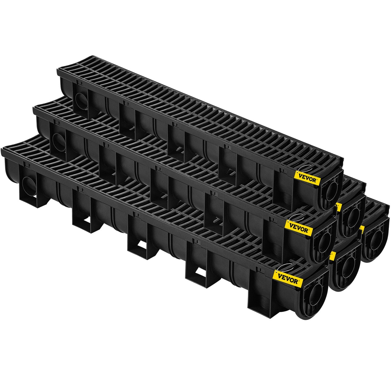 VEVOR Trench Drain System, Channel Drain with Plastic Grate, 5.8x5.2-Inch HDPE Drainage Trench, Black Plastic Garage Floor Drain, 6x39" Trench Drain Grate, With 6 End Caps, For Garden, Driveway-6 Pack 
