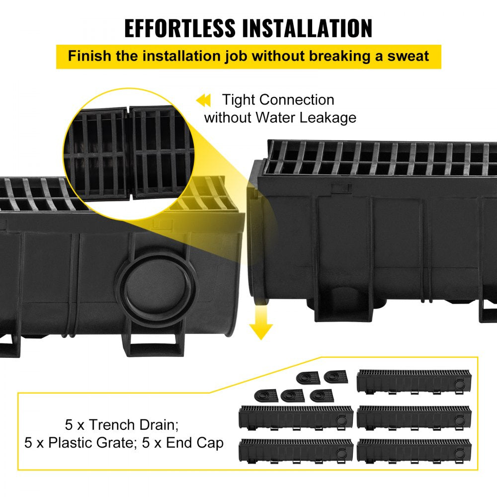 VEVOR Drainage Trench Driveway Channel Drain Kit Plastic Grate-5.8"x7.5"-5 Pack 