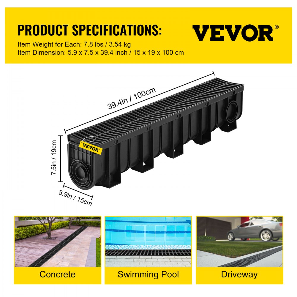 VEVOR Drainage Trench Driveway Channel Drain Kit Plastic Grate-5.8"x7.5"-5 Pack 