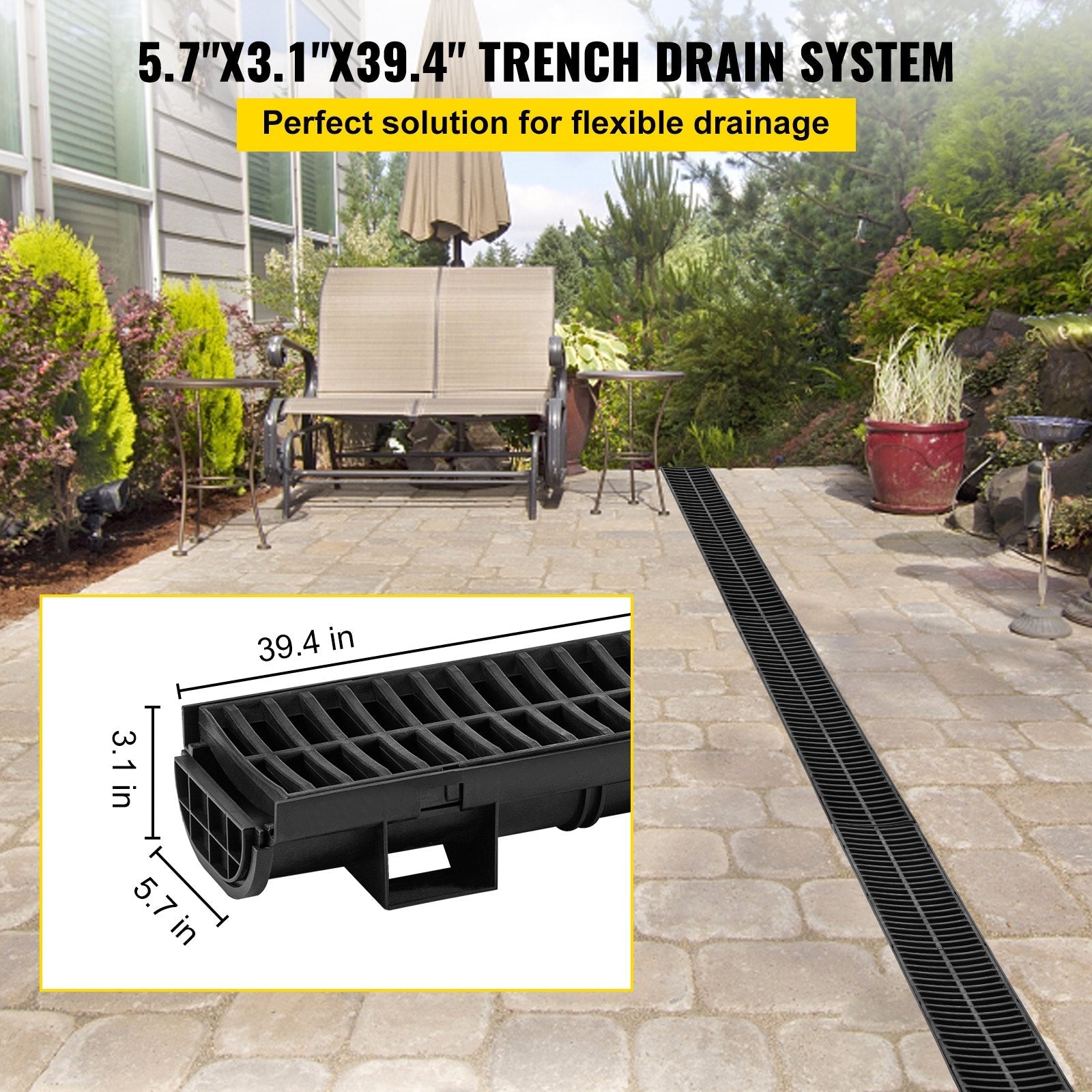 VEVOR Trench Drain System, Channel Drain with Plastic Grate, 5.8x3.1-Inch HDPE Drainage Trench, Black Plastic Garage Floor Drain, 5x39" Trench Drain Grate, With 5 End Caps, For Garden, Driveway-5 Pack 