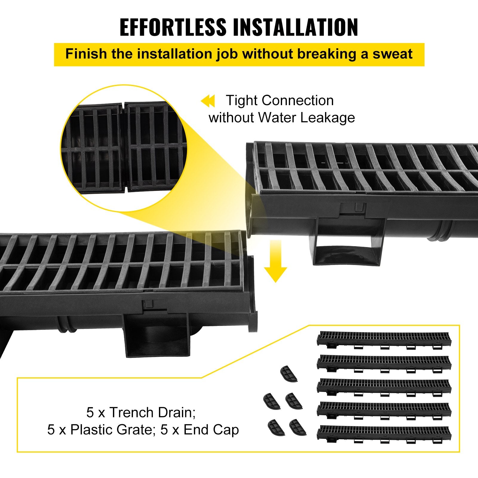 VEVOR Trench Drain System, Channel Drain with Plastic Grate, 5.8x3.1-Inch HDPE Drainage Trench, Black Plastic Garage Floor Drain, 5x39" Trench Drain Grate, With 5 End Caps, For Garden, Driveway-5 Pack 