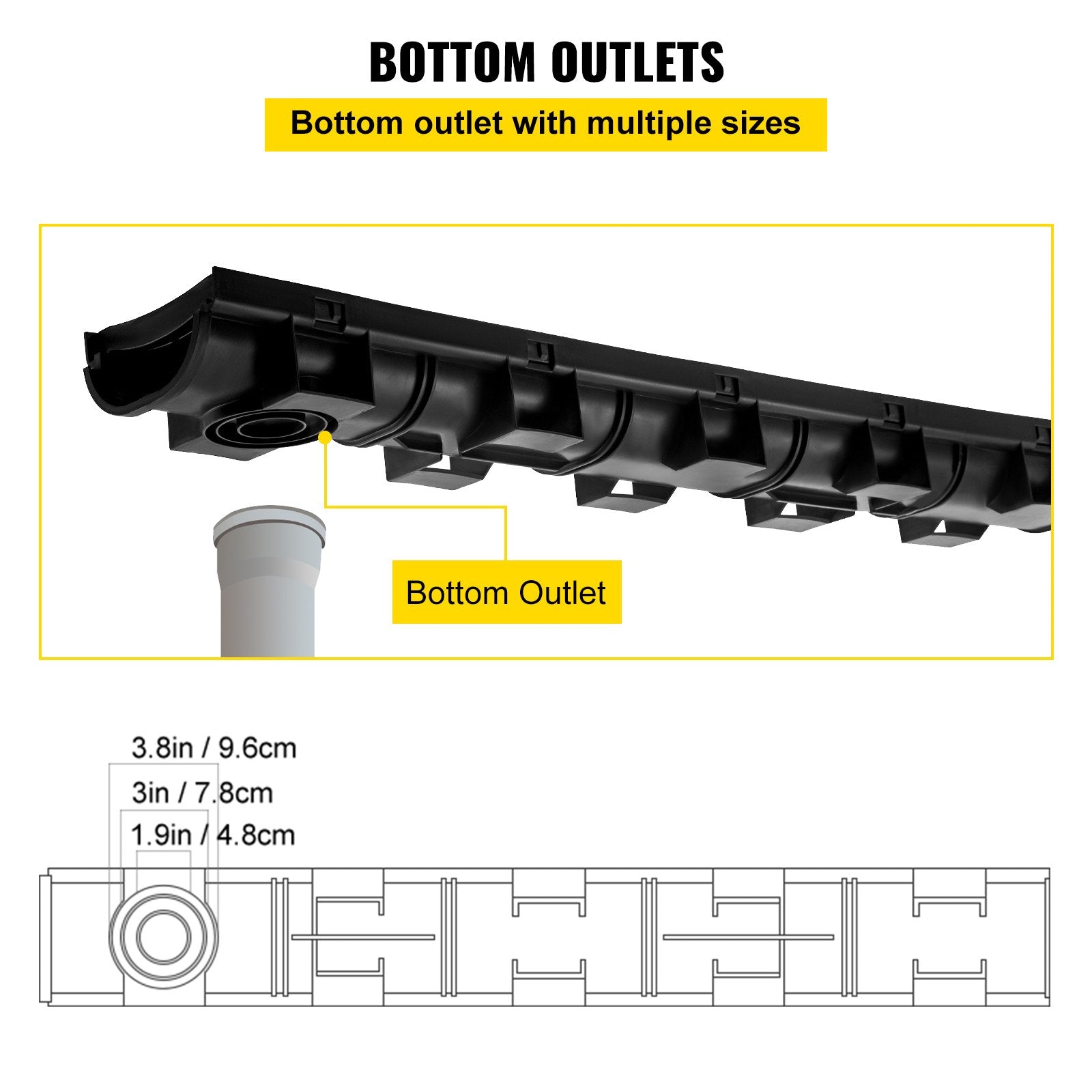 VEVOR Trench Drain System, Channel Drain with Plastic Grate, 5.8x3.1-Inch HDPE Drainage Trench, Black Plastic Garage Floor Drain, 5x39" Trench Drain Grate, With 5 End Caps, For Garden, Driveway-5 Pack 