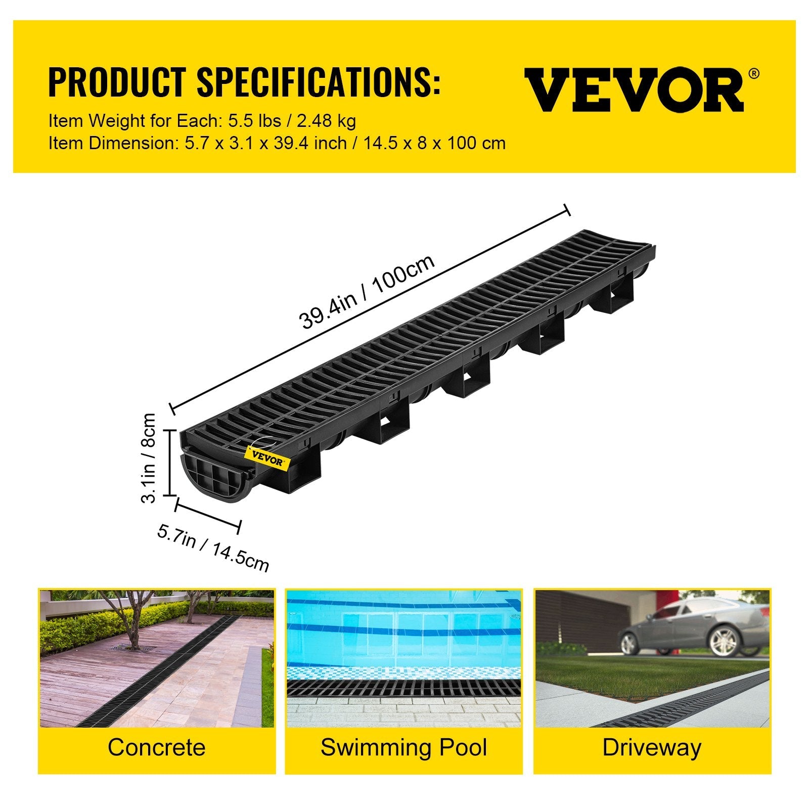VEVOR Trench Drain System, Channel Drain with Plastic Grate, 5.8x3.1-Inch HDPE Drainage Trench, Black Plastic Garage Floor Drain, 5x39" Trench Drain Grate, With 5 End Caps, For Garden, Driveway-5 Pack 