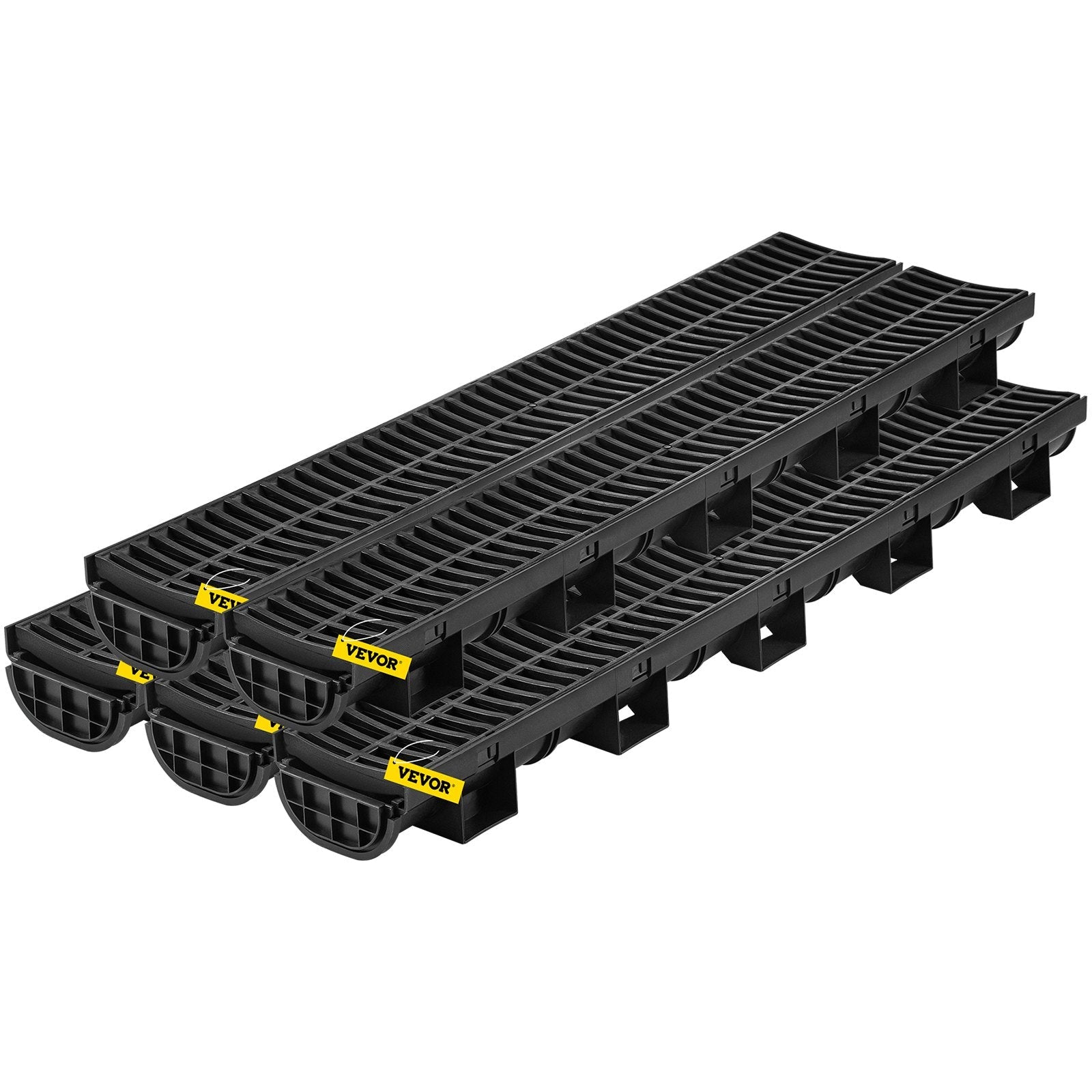 VEVOR Trench Drain System, Channel Drain with Plastic Grate, 5.8x3.1-Inch HDPE Drainage Trench, Black Plastic Garage Floor Drain, 5x39" Trench Drain Grate, With 5 End Caps, For Garden, Driveway-5 Pack 