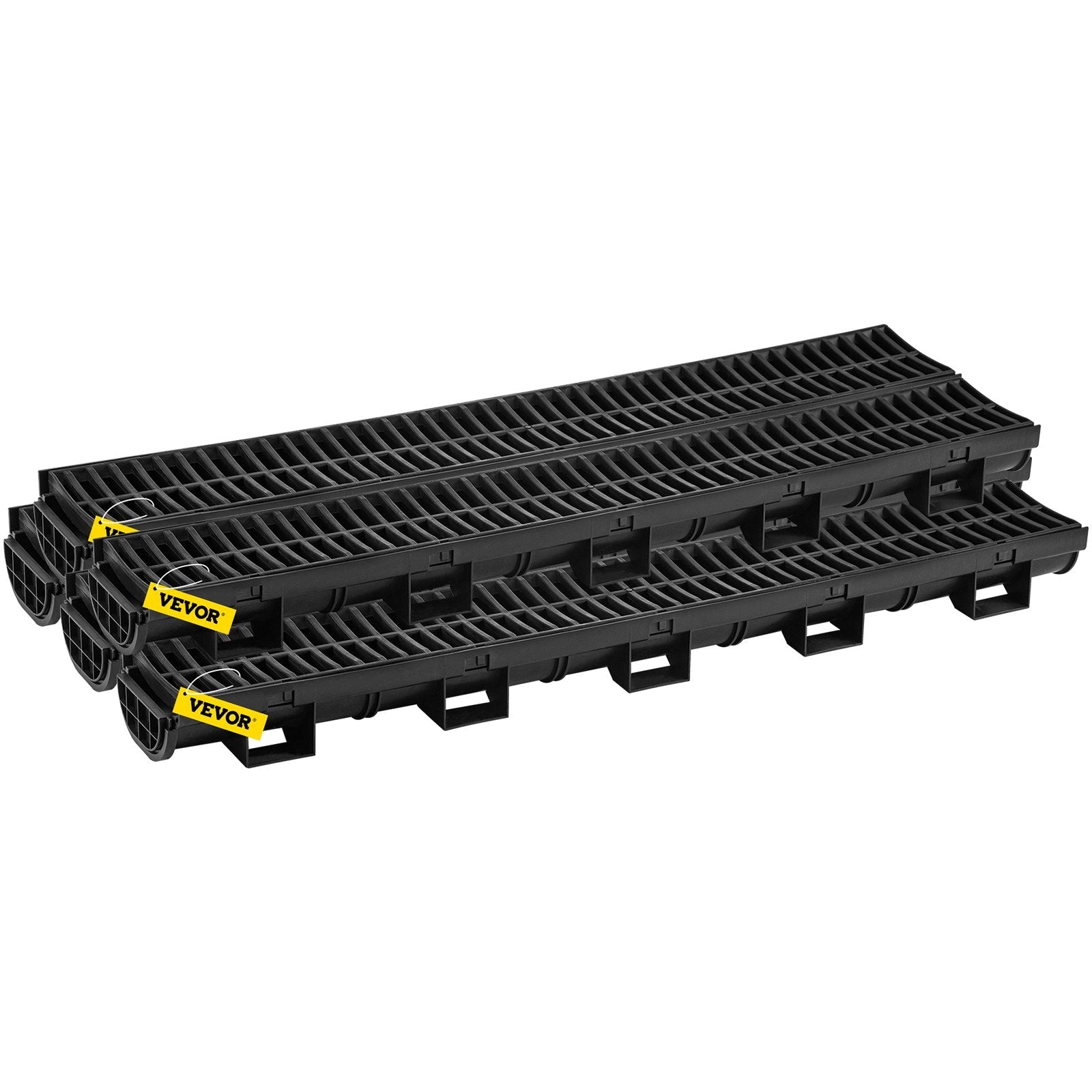 VEVOR Trench Drain System, Channel Drain with Plastic Grate, 5.8x3.1-Inch HDPE Drainage Trench, Black Plastic Garage Floor Drain, 5x39" Trench Drain Grate, With 5 End Caps, For Garden, Driveway-5 Pack 