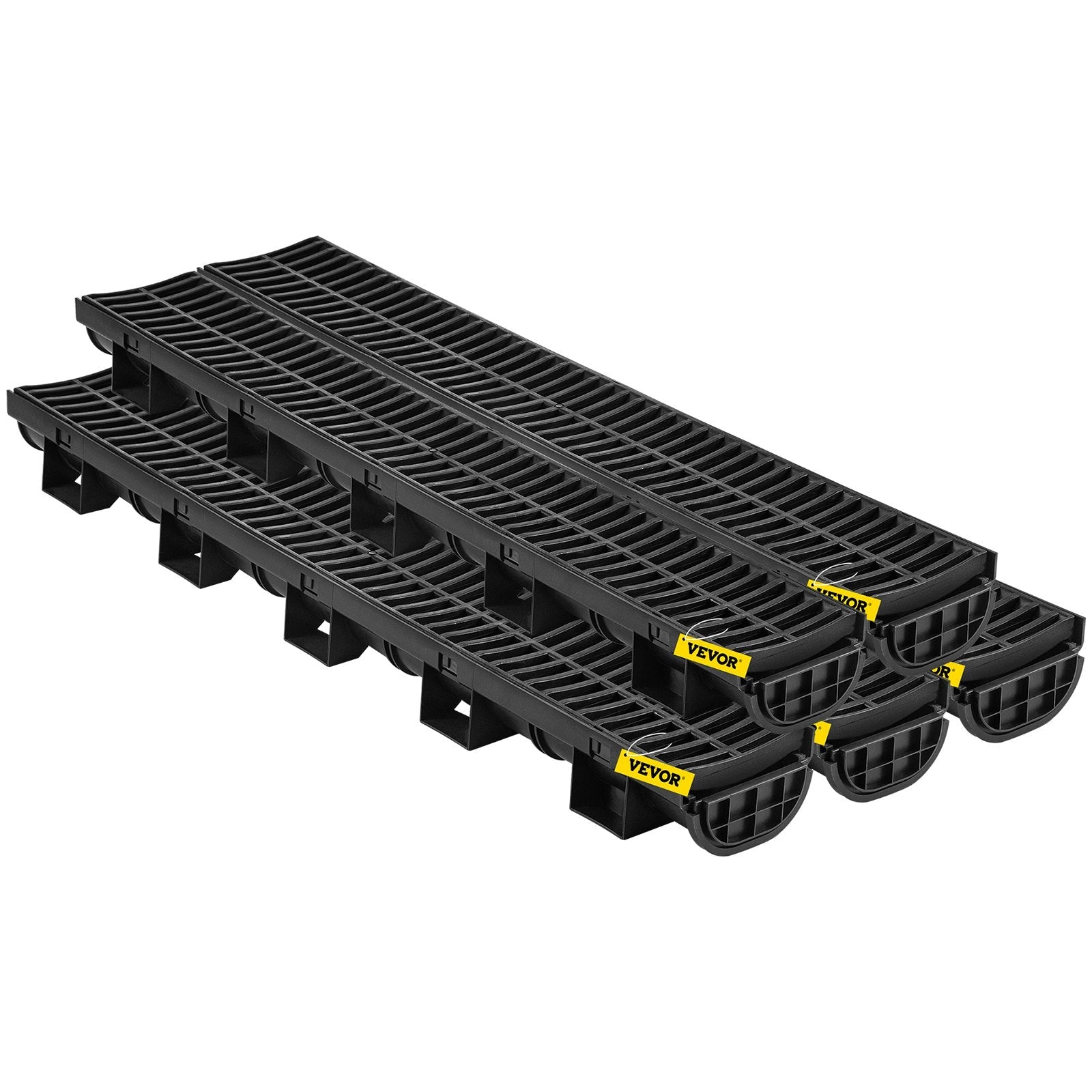 VEVOR Trench Drain System, Channel Drain with Plastic Grate, 5.8x3.1-Inch HDPE Drainage Trench, Black Plastic Garage Floor Drain, 5x39" Trench Drain Grate, With 5 End Caps, For Garden, Driveway-5 Pack 