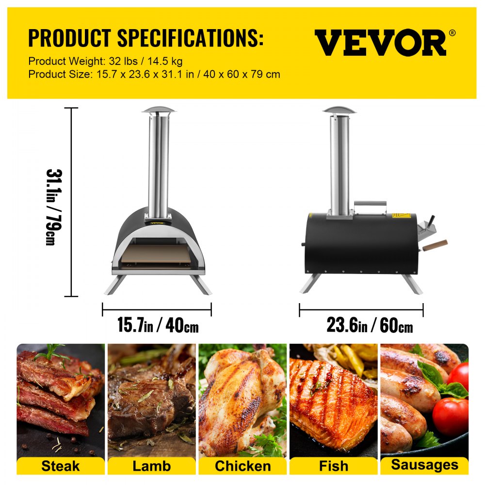 VEVOR Wood Fired Oven 12" Portable Pizza Oven with Feeding Port Pizza Oven Outdoor 932?Max Temperature Stainless Steel Portable Wood Fired Pizza Oven with Complete Accessories for Outdoor Cooking 