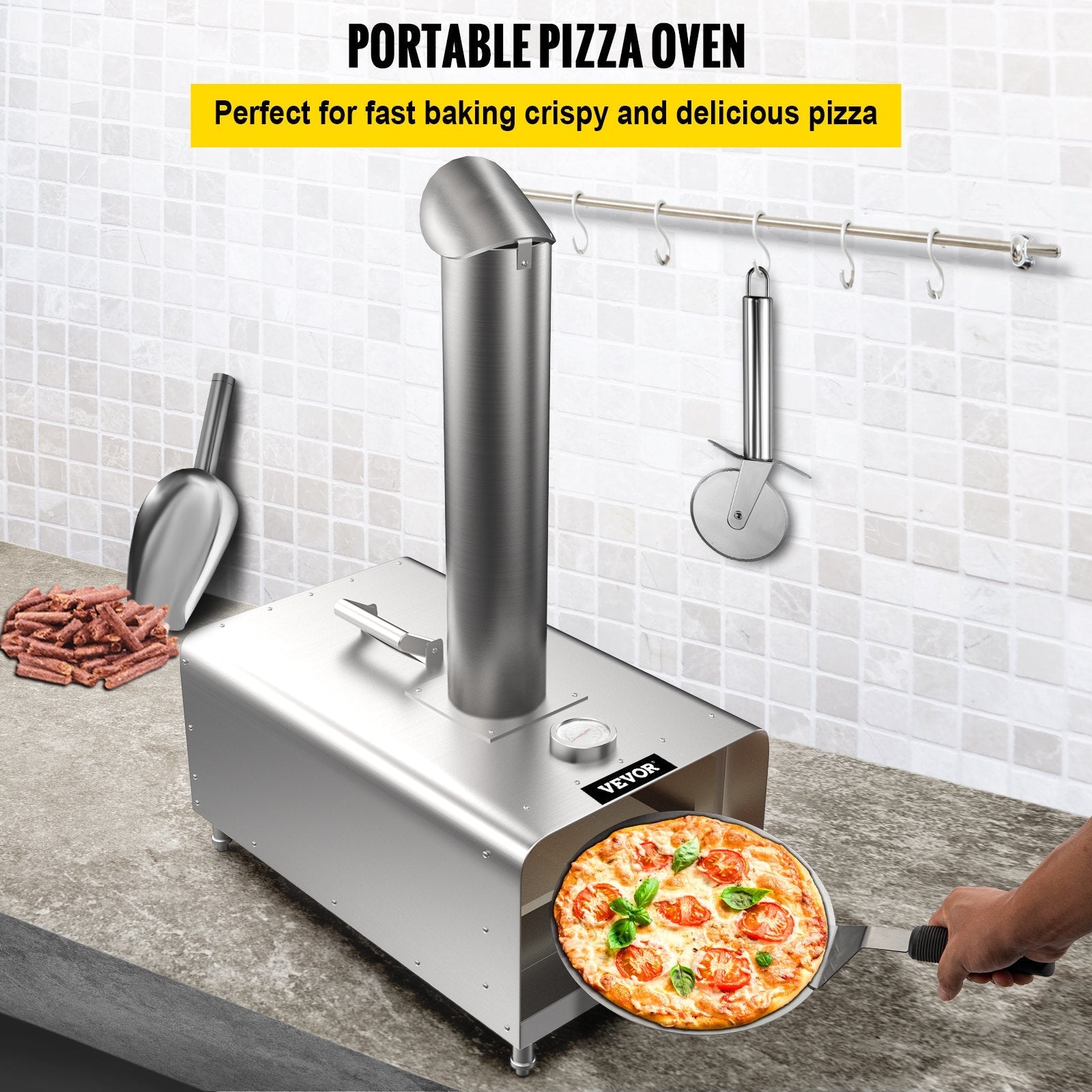 VEVOR Pellet Pizza Oven, Stainless Steel Pizza Oven Outdoor, 12" Portable Pizza Oven,  Wood Burning Pizza Oven with Adjustable Feet Portable Wood Oven with Complete Accessories for Outdoor Cooking 