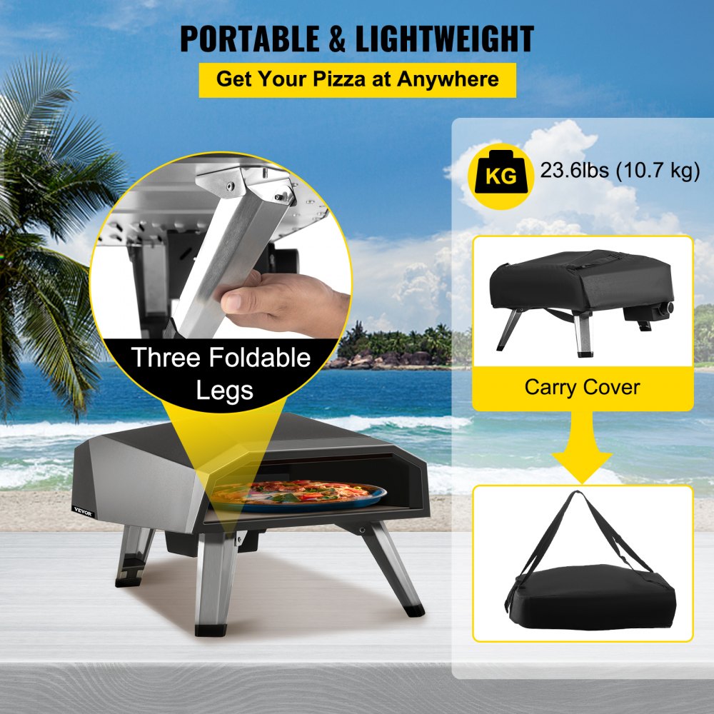 VEVOR Gas Pizza Oven, Stainless Steel Propane Pizza Oven, Gas Fire Pizza Oven with 12" Pizza Stone, Portable Gas Pizza Oven with Foldable Legs, Gas Powered Pizza Oven for Outdoor Camping-Global Patent 