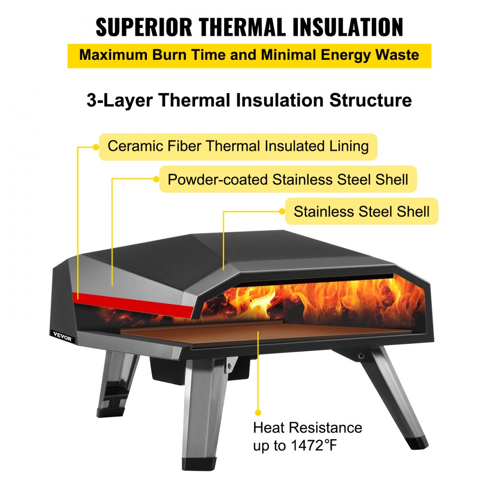 VEVOR Gas Pizza Oven, Stainless Steel Propane Pizza Oven, Gas Fire Pizza Oven with 12" Pizza Stone, Portable Gas Pizza Oven with Foldable Legs, Gas Powered Pizza Oven for Outdoor Camping-Global Patent 