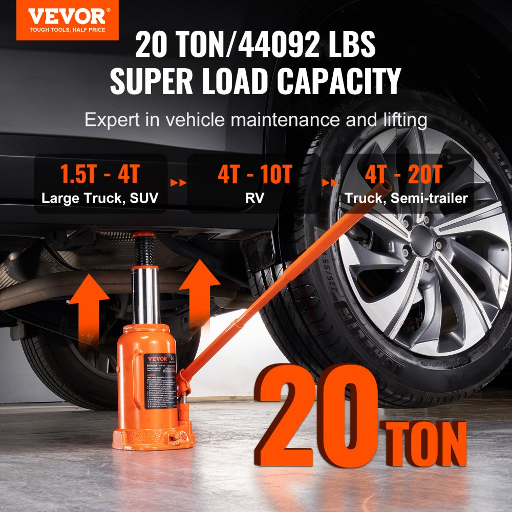 VEVOR Hydraulic Bottle Jack, 20 Ton/44092 LBS All Welded Bottle Jack, 7.5-14 inch Lifting Range, with 3-section Long Handle, for Car, Pickup Truck, Truck, RV, Auto Repair, Industrial Engineering 