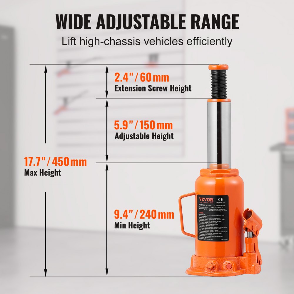 VEVOR Hydraulic Bottle Jack, 20 Ton/44092 LBS All Welded Bottle Jack, 7.5-14 inch Lifting Range, with 3-section Long Handle, for Car, Pickup Truck, Truck, RV, Auto Repair, Industrial Engineering 