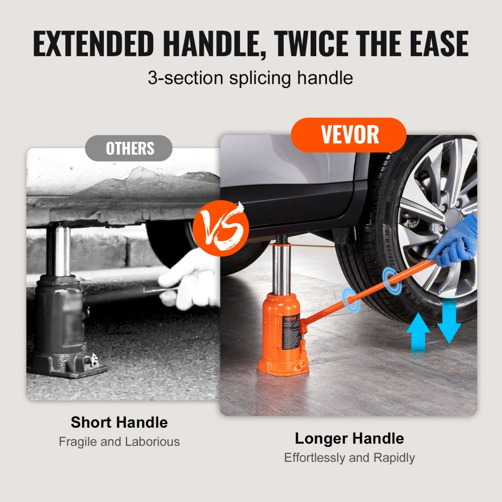 VEVOR Hydraulic Bottle Jack, 20 Ton/44092 LBS All Welded Bottle Jack, 7.5-14 inch Lifting Range, with 3-section Long Handle, for Car, Pickup Truck, Truck, RV, Auto Repair, Industrial Engineering 