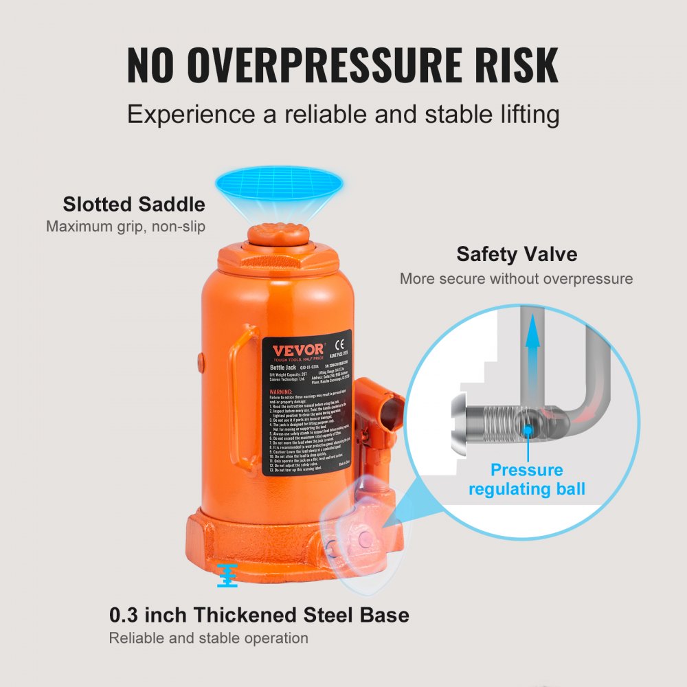 VEVOR Hydraulic Bottle Jack, 20 Ton/44092 LBS All Welded Bottle Jack, 7.5-14 inch Lifting Range, with 3-section Long Handle, for Car, Pickup Truck, Truck, RV, Auto Repair, Industrial Engineering 