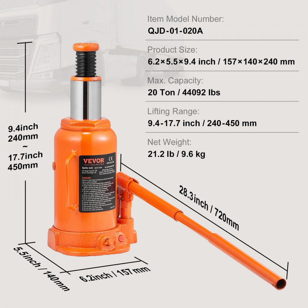 VEVOR Hydraulic Bottle Jack, 20 Ton/44092 LBS All Welded Bottle Jack, 7.5-14 inch Lifting Range, with 3-section Long Handle, for Car, Pickup Truck, Truck, RV, Auto Repair, Industrial Engineering 