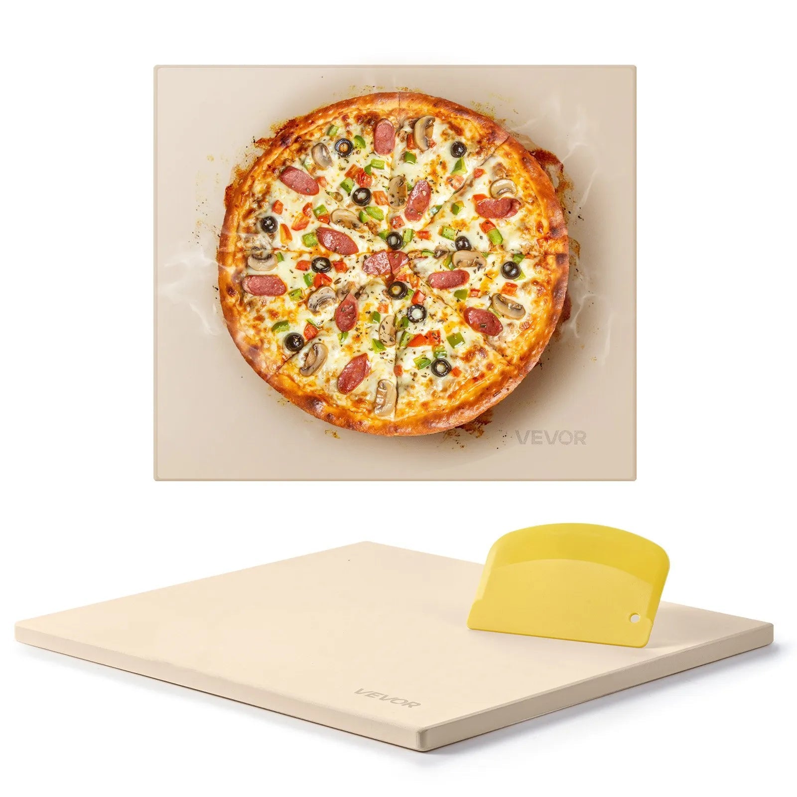 VEVOR Pizza Stone, 16 x 14 in Rectangular Cordierite Pizza Stone, Extra Large Baking-Stone with Scraper, 0.6 in Thick Heat-Resistant Cordierite, for Kitchen Oven, Baking Bread & Pizzas, BBQ Grilling 