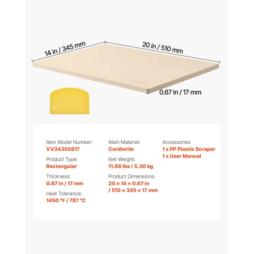 VEVOR Pizza Stone, 20 x 14 in Rectangular Cordierite Pizza Stone, Extra Large Baking-Stone with PP Scraper, 0.67 in Thick Heat-Resistant Cordierite, for Oven, Baking Bread & Pizzas, BBQ Grilling 