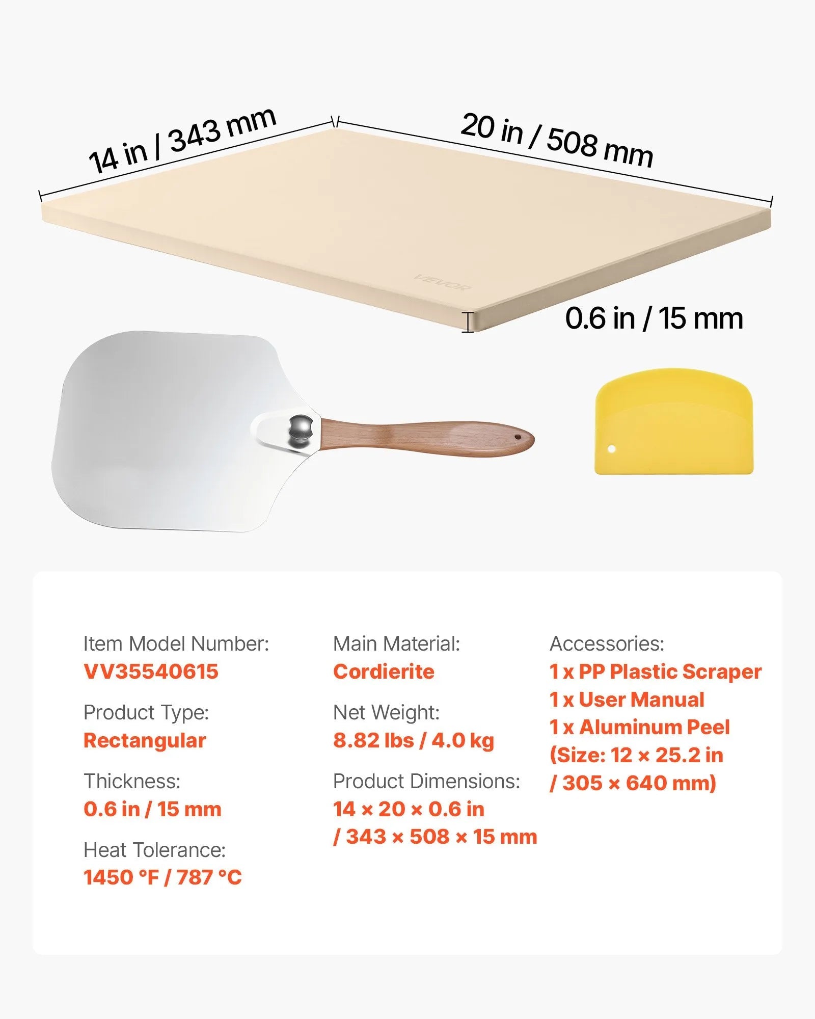 VEVOR Pizza Stone, 20 x 14 in Rectangular Cordierite Pizza Stone, Extra Large Baking-Stone with Aluminum Peel, 0.6 in Thick Heat-Resistant Cordierite, for Oven, Baking Bread & Pizzas, BBQ Grilling 