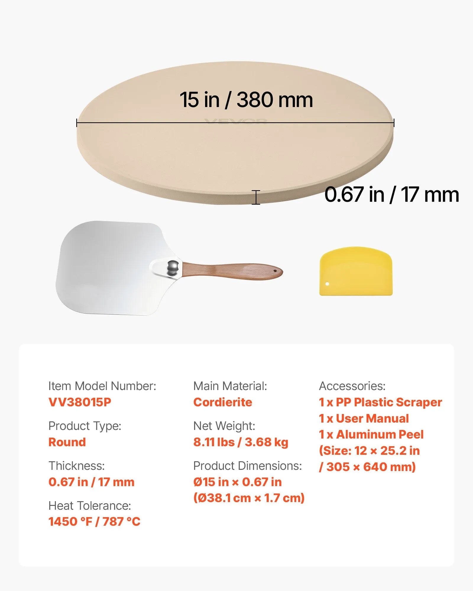 VEVOR Pizza Stone, 15 in Round Cordierite Pizza Stone, Extra Large Baking-Stone with Aluminum Peel, 0.67 in Thickness Heat-Resistant Cooking Cordierite, for Kitchen Oven, Baking Pizzas, BBQ Grilling 