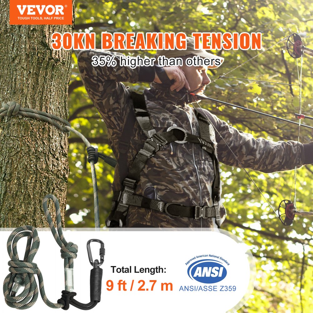 VEVOR Tree Stand Safety Rope, 9 ft/27.43M Treestand Lifeline Rope 30KN Breaking Tension, 0.6'' Hunting Safety Line with Prusik Knot, 2pcs Carabiner and Silencer, for Treestrap and Climbing 
