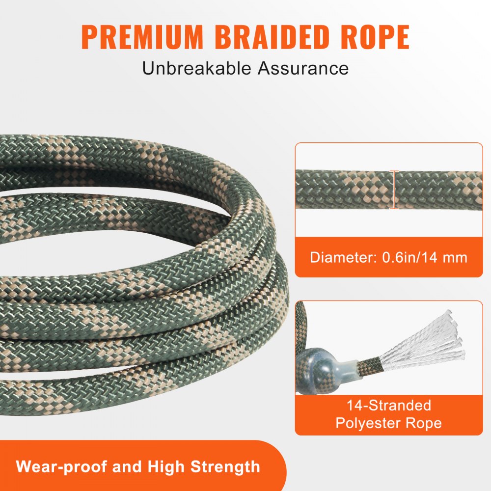 VEVOR Tree Stand Safety Rope, 9 ft/27.43M Treestand Lifeline Rope 30KN Breaking Tension, 0.6'' Hunting Safety Line with Prusik Knot, 2pcs Carabiner and Silencer, for Treestrap and Climbing 